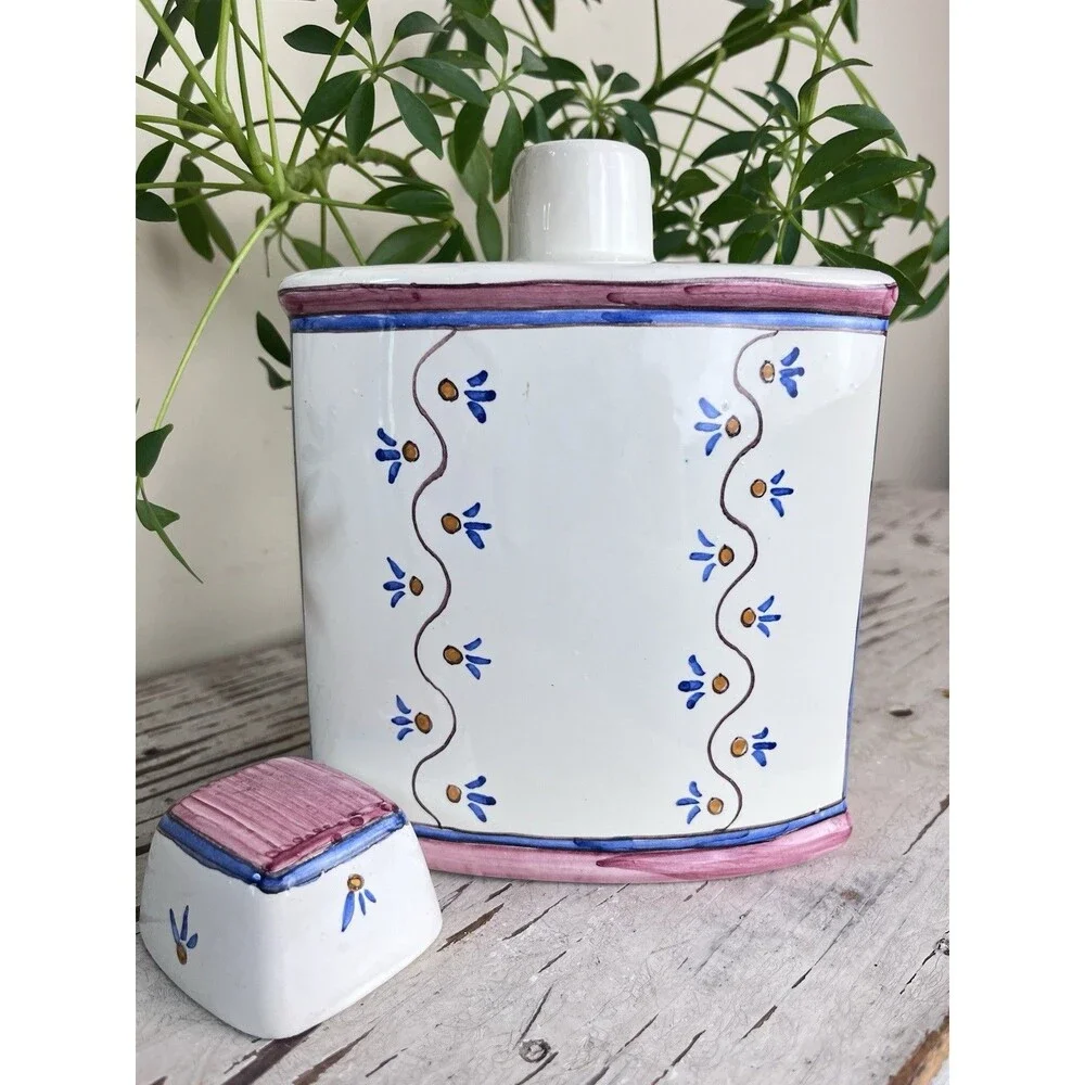 Vintage Hand Painted Italian Pottery Grappa Decanter W/Lid / Italy Home Bar 7”